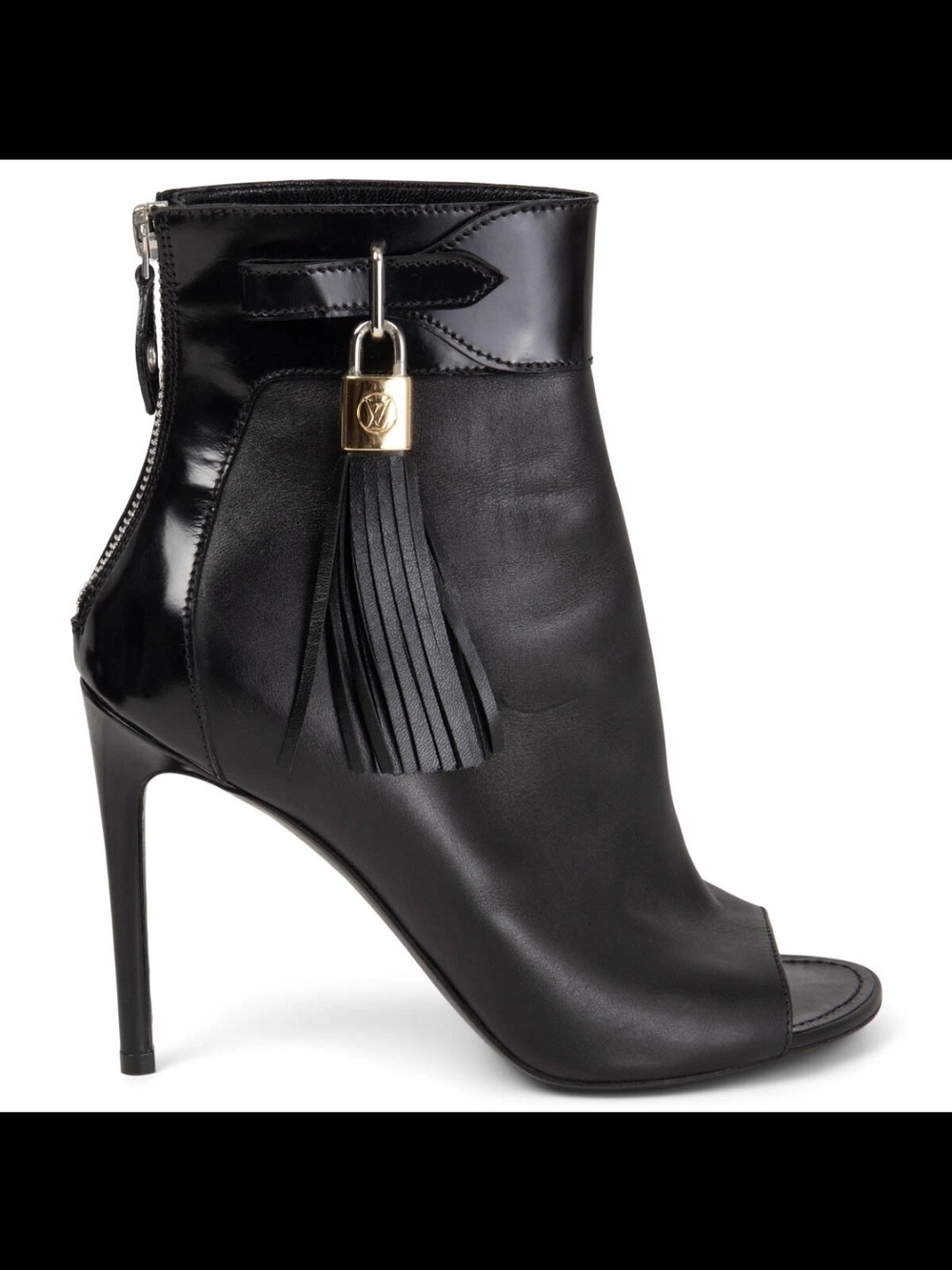 Louis Vuitton black leather peep-toe booties with tassels and zip closures
